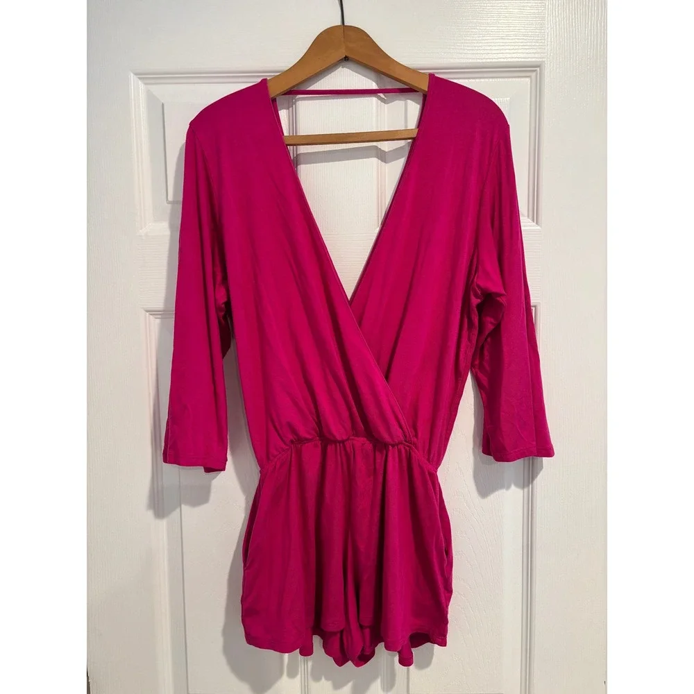 Le Marché by Naked Princess 3/4 Sleeve Wrap Romper Magenta Medium